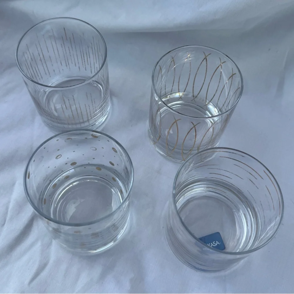 Set of 4 Mikasa Gold Metallic Retro Atomic Patterned Glasses, Lowball Cocktail